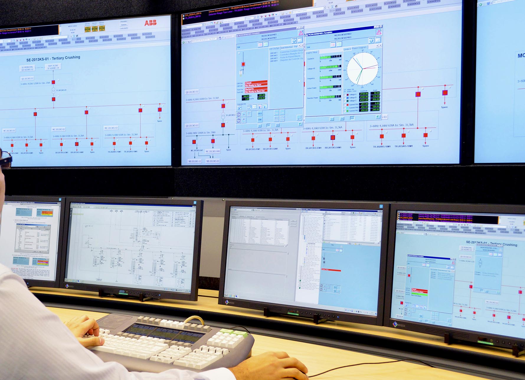 Integrated industrial command and control center with real-time monitoring systems and operator workstations.