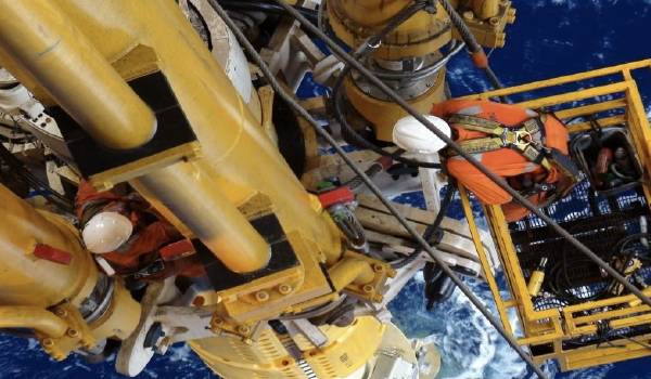 Inspection team performing drilling rig and well control equipment assessment offshore