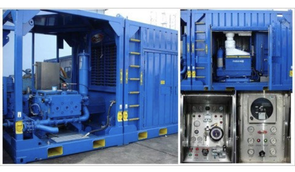 High-pressure pumping unit operating during well stimulation and completion operations