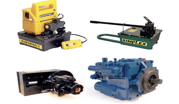 Technician servicing hydraulic cylinder and pump system in industrial workshop