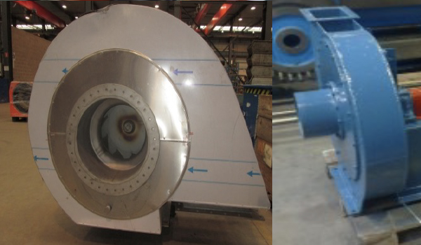 Technician performing balancing and maintenance on industrial centrifugal fan system