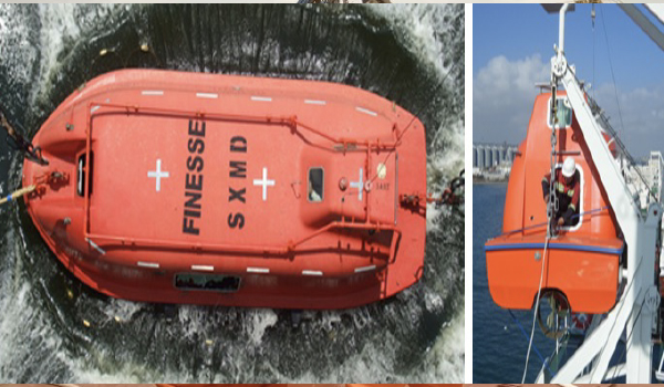 Technician inspecting lifeboat davit and launching system on an offshore vessel