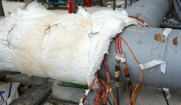 Technicians performing localized PWHT on industrial piping weld using electric resistance heating pads