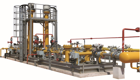 Modular process skid package integrating process equipment, instrumentation, piping, and control systems for oil and gas operations.