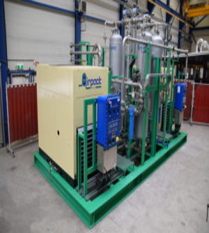Nitrogen generator package with air compressors, nitrogen generation modules, receivers, and control systems installed at an industrial facility.