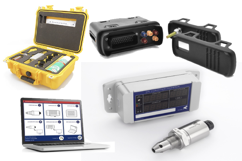 Real-time oil condition monitoring systems including oil quality sensors, monitoring displays, gateways, sensor kits, and condition analysis equipment for industrial reliability applications.