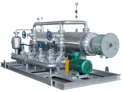 Skid-mounted crude oil heater unit and offshore production heating system operating within an oil and gas processing facility.