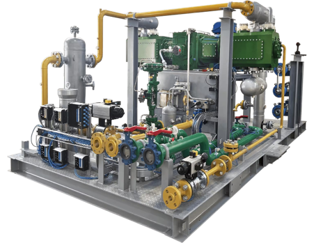 Packaged gas compressor system with compressor skid, scrubber vessel, control panel, and auxiliary equipment installed at a gas processing facility.